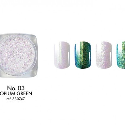 Pó glitter unhas No. 03 OPIUM GREEN com várias amostras de cor