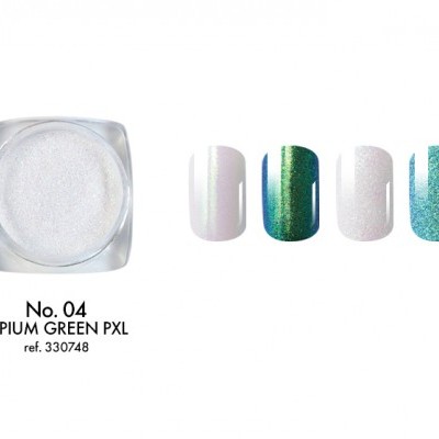 Pó para unhas branco brilhante e amostras de esmalte em quatro cores