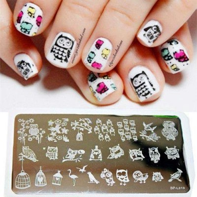 Placa metalica para carimbos de unhas com desenhos de corujas e pássaros
