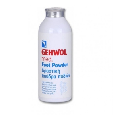 Frasco branco GEHWOL med. Foot Powder com texto em vermelho e azul
