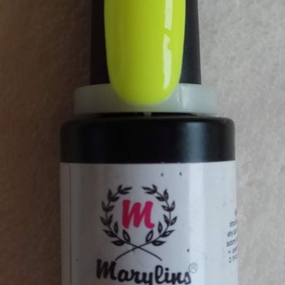 Frasco de verniz de unhas UV gel Marylins com tampa preta e amostra amarela fluorescente