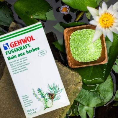 Caixa do produto GehwoL Fusskraft Bain aux herbes com sal verde em recipiente de madeira e ambiente natural