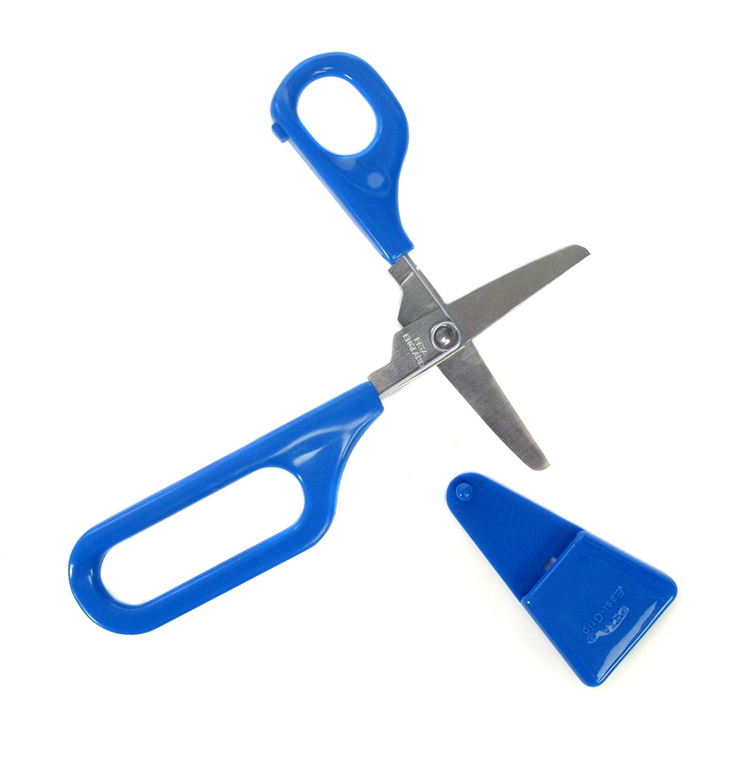 Tesoura alça alongada e abertura automática Tesoura azul com lâminas metálicas e capa de proteção azul