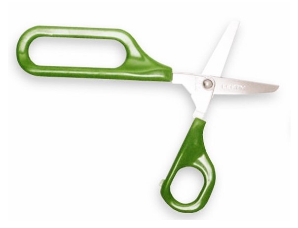 Tesoura alça alongada e abertura automática Tesoura com cabo verde e lâminas metálicas