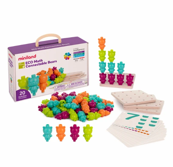 Jogo Encaixe Vertical Ursos Jogo educativo Miniland ECO Math Connectable Bears com ursos coloridos e cartões matemáticos