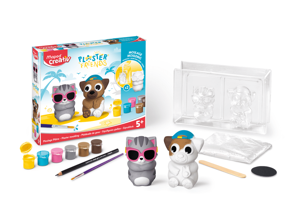Moldagem em Gesso Plaster Friends - Cão e Gato Conjunto de figuras de gesso para moldar e pintar com caixa colorida e acessórios