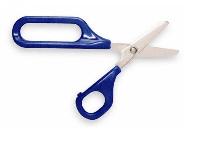 Tesoura alça alongada e abertura automática Tesoura com punhos azuis e lâminas metálicas