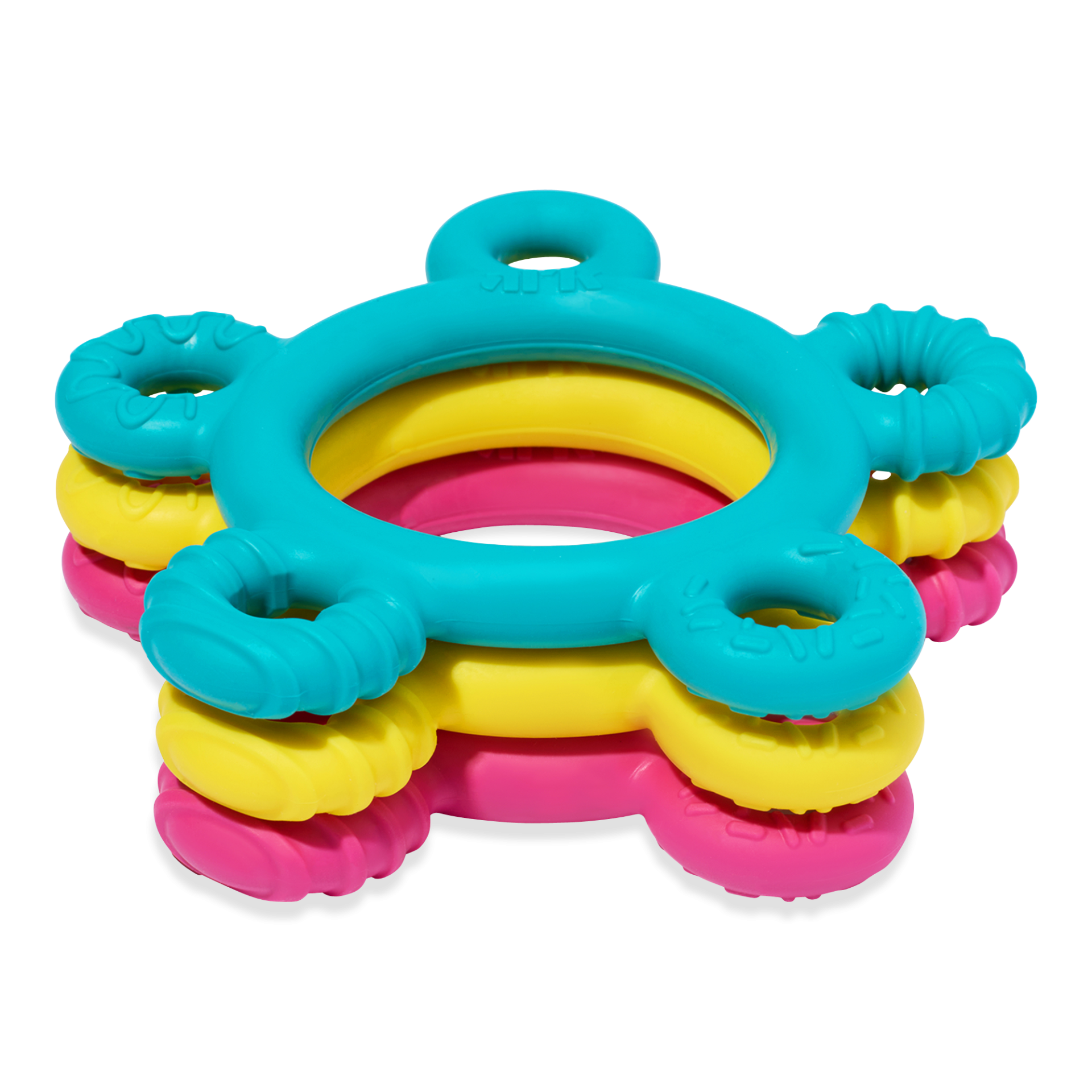 Mordedor Bebé - ARK Donut Baby Chew Ring Três argolas de plástico coloridas empilhadas e refletidas numa superfície preta