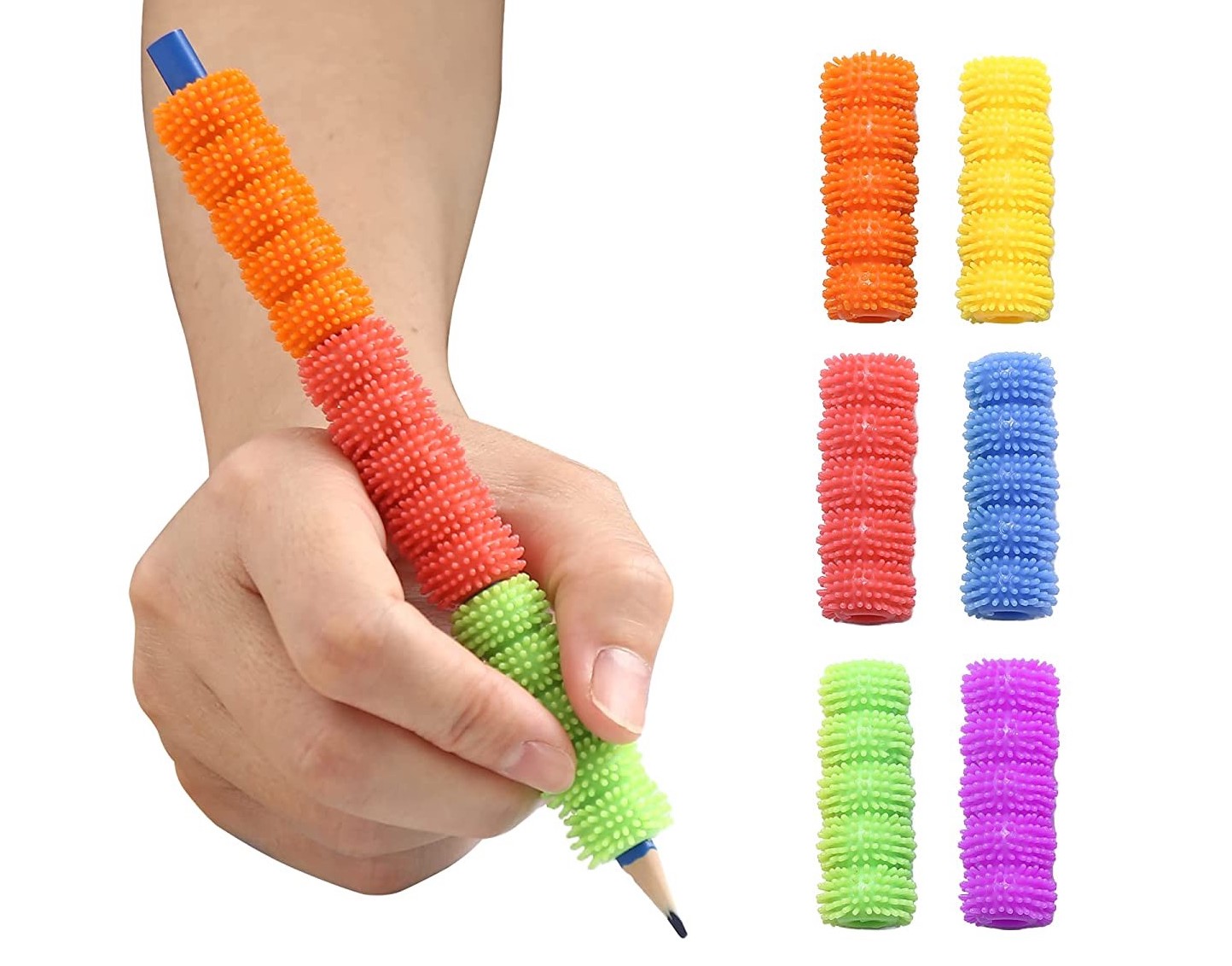 Adaptador para lápis texturizado Capas coloridas de silicone para lápis em várias cores e texturas, mostradas numa mão segurando um lápis.