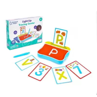 Conjunto Escrita Luminosa em Areia Jogo educativo Light-Up Tracing Center com cartas coloridas e base para traçar.