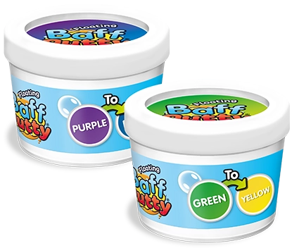 Baff Putty Massa de Moldar Flutuante Dois potes de putty colorido com etiquetas azul claro