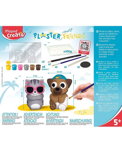 Moldagem em Gesso Plaster Friends - Cão e Gato Kit de moldes Plaster Friends com tintas, pincéis e gesso para criar animais de brincar.