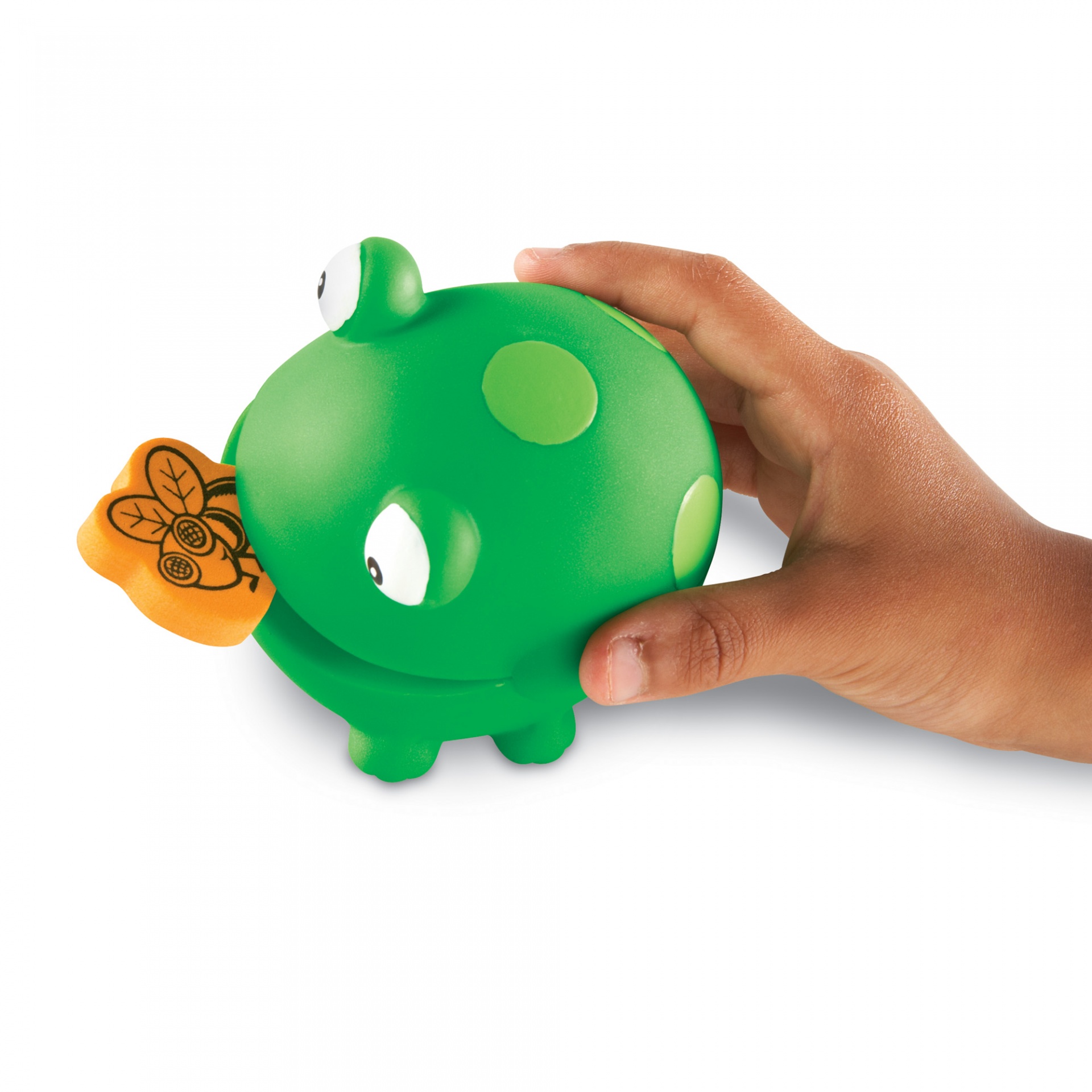 Jogo do Sapo Frenzy Brinquedo de sapo verde com manchas e olhos grandes segurado por mão