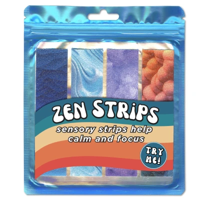 Bandas Fidget ZenStrips - Pack 4 Pacote azul com tiras sensoriais coloridas e texto promocional