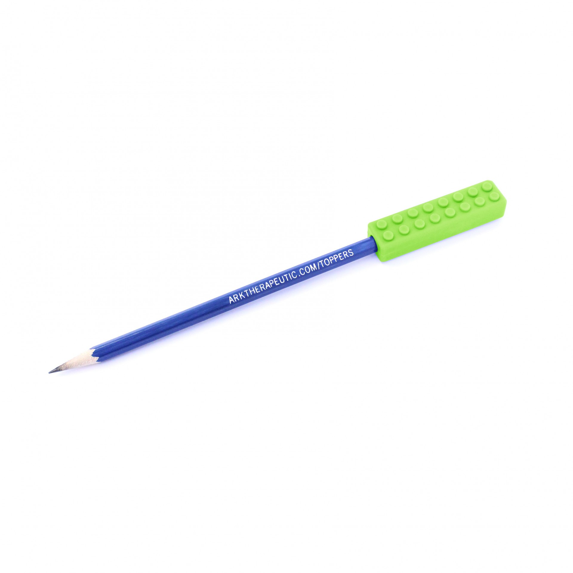 Mordedor para lápis ARK's Brick Stick® Lápis azul com tampa verde de silicone texturizada