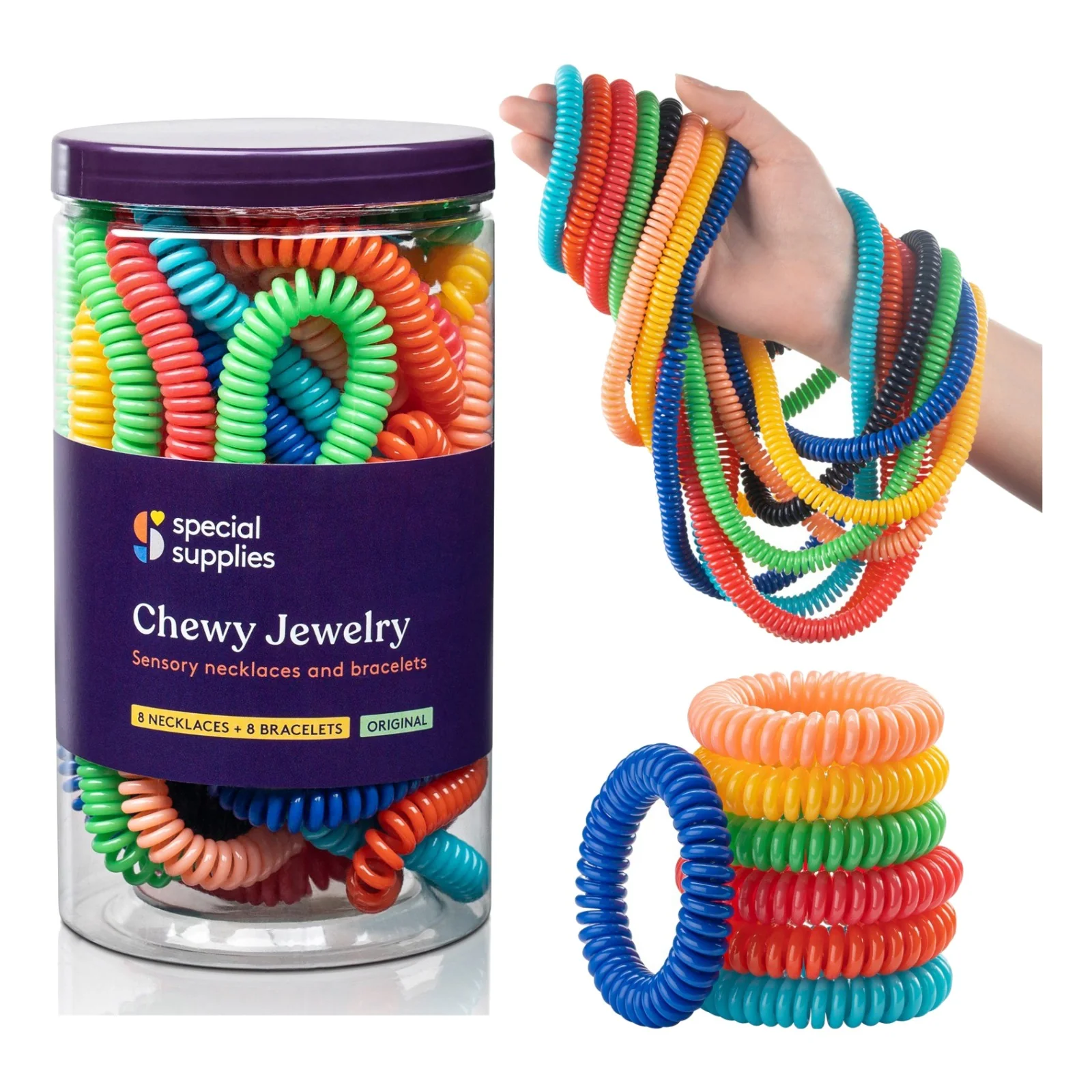 Pack 16 Mordedores fidget, pulseiras e colares Special Suplies Colares e pulseiras sensoriais coloridas em espiral dentro de frascos transparentes com tampas roxas.