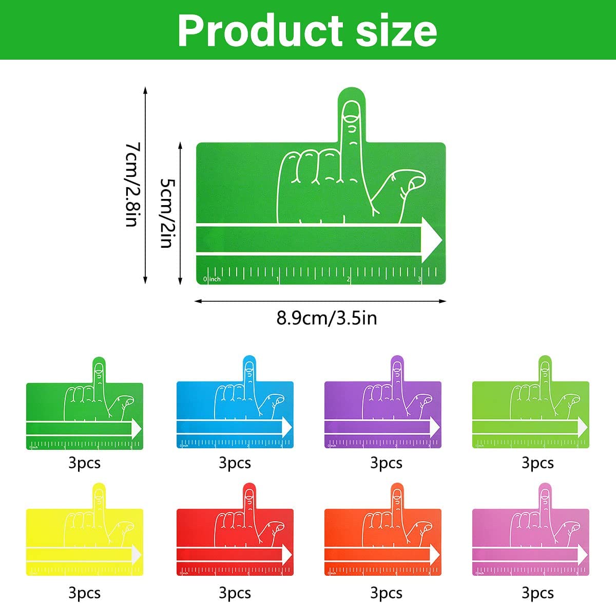 Espaçador para Escrita Manual, Dedo Régua de plástico colorida em forma de mão com escala em centímetros e polegadas