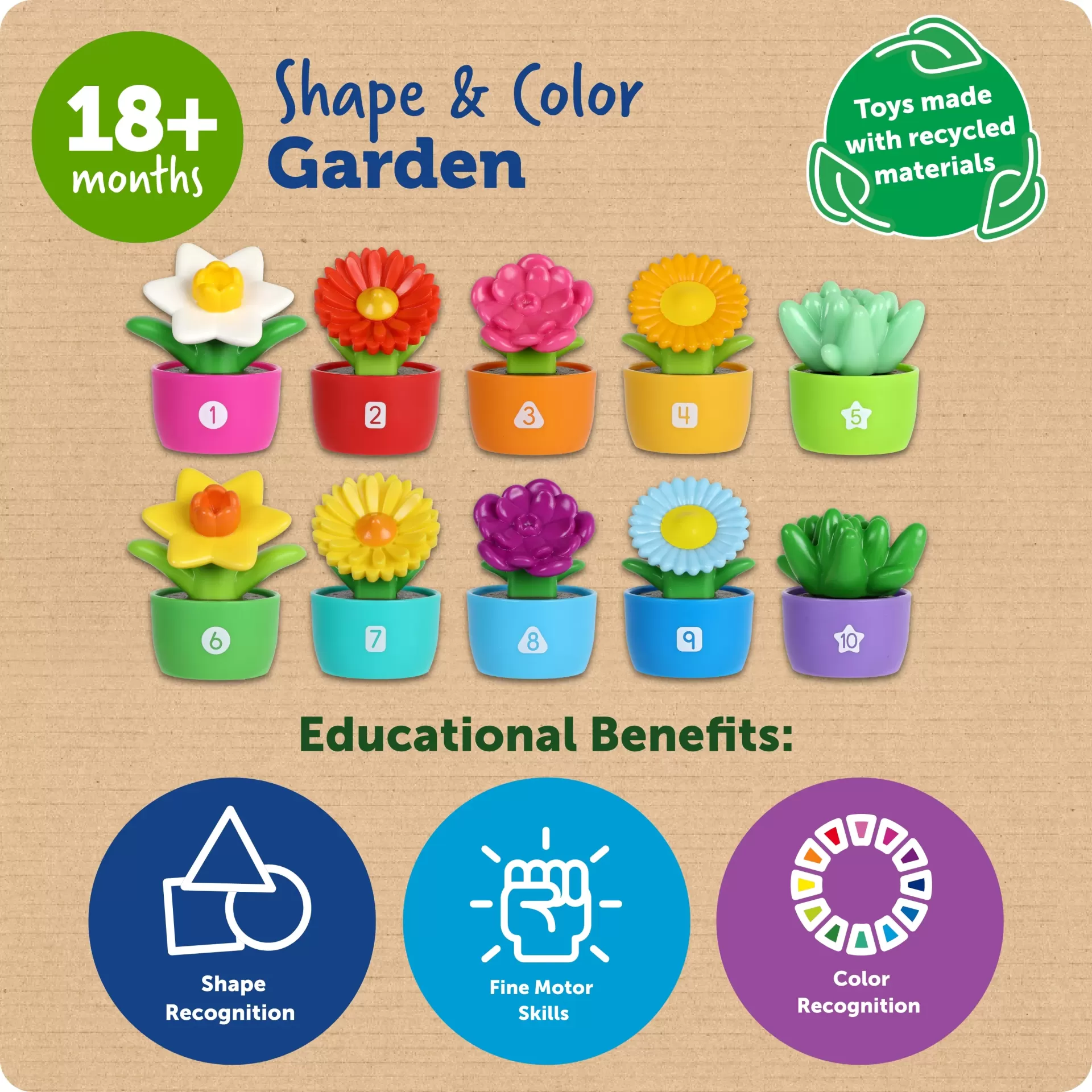 Jardim Shape & Color Embalagem de brinquedo educativo Shape & Color Garden com flores em vasos coloridos e texto educativo