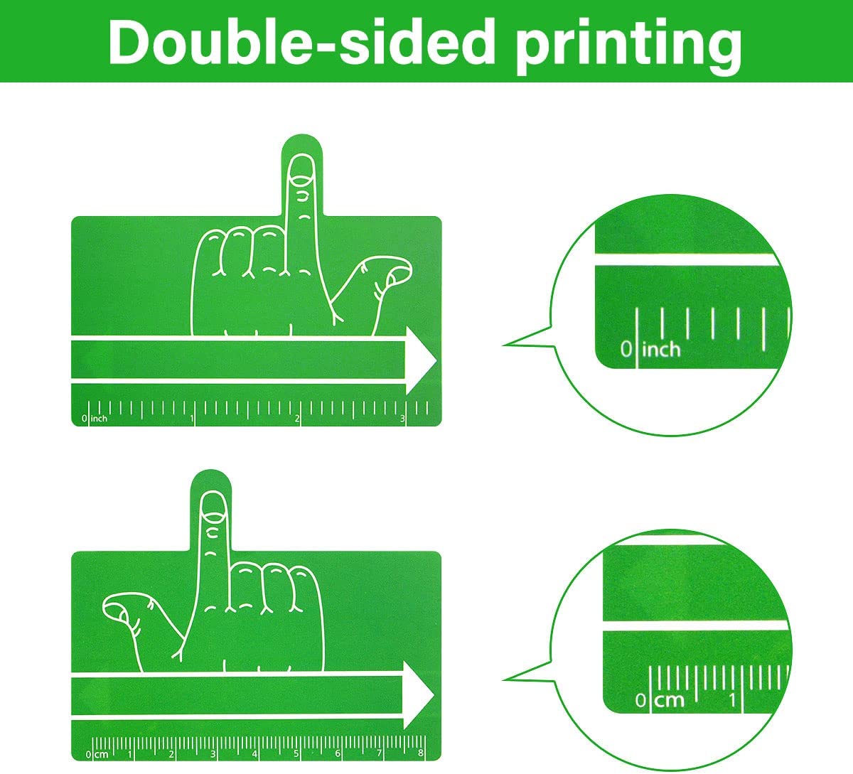Espaçador para Escrita Manual, Dedo Régua verde com desenho de mão e medidas em polegadas e centímetros