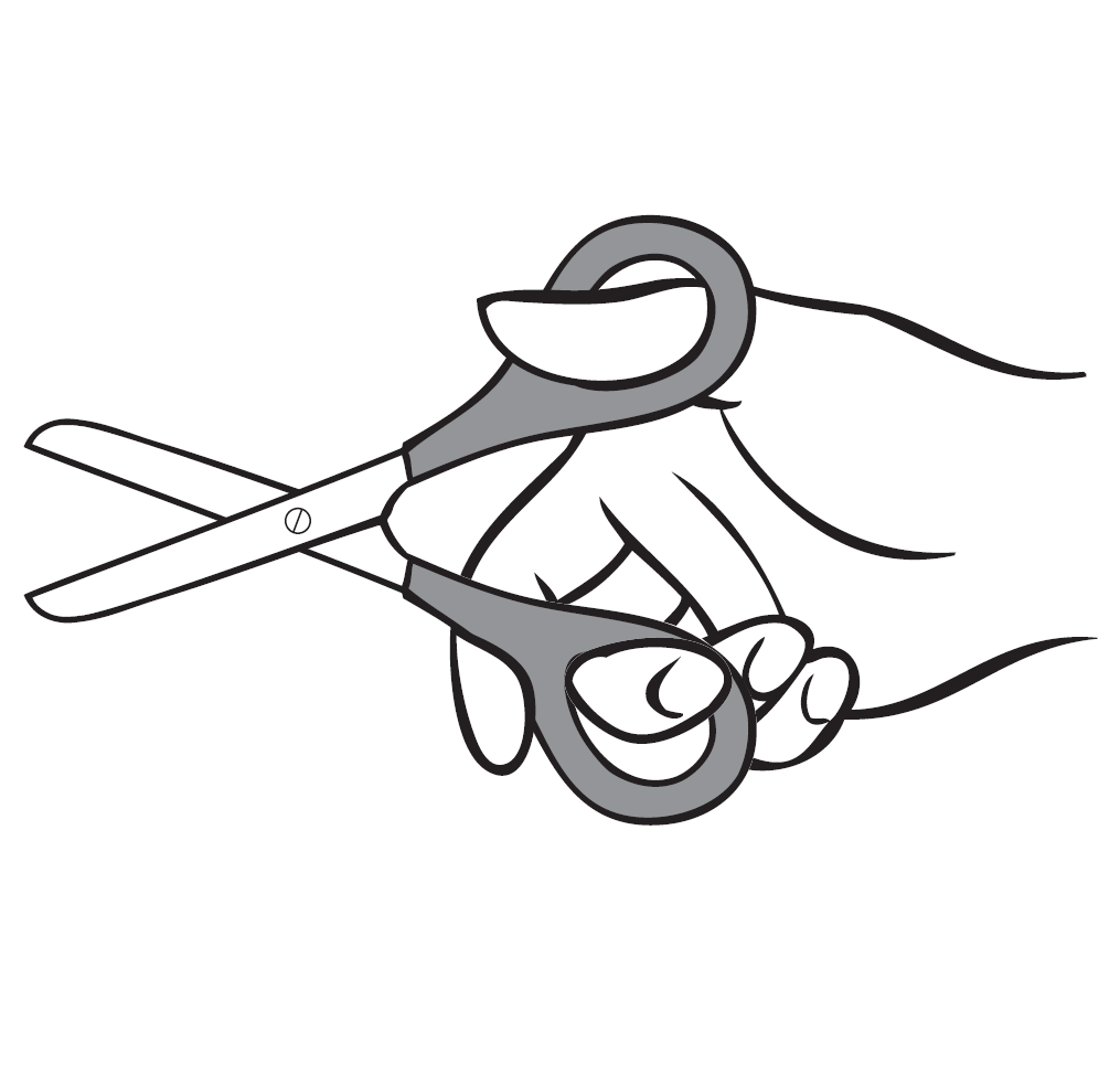 Desenho a preto e branco de mão a segurar tesoura com pegas cinzentas