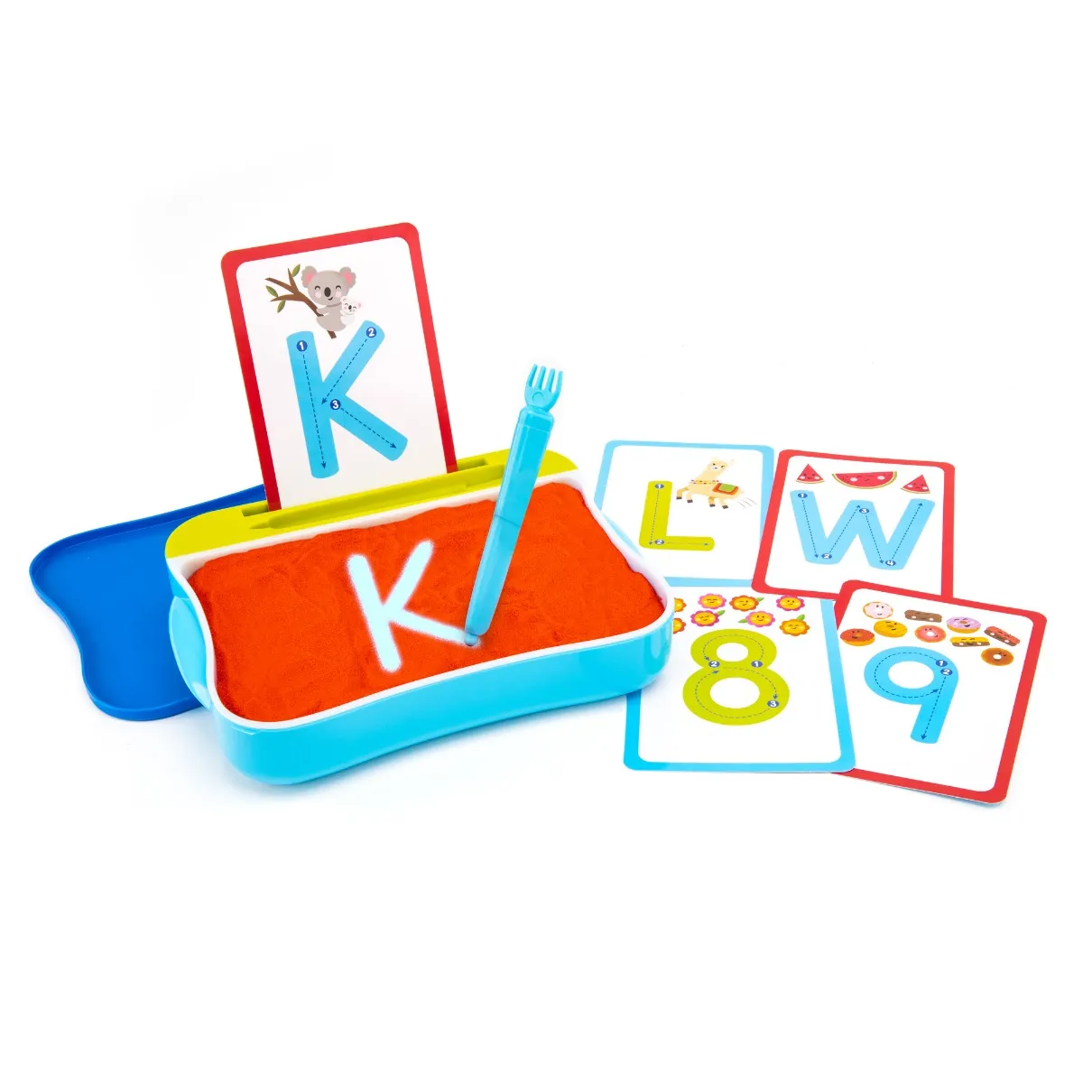 Conjunto Escrita Luminosa em Areia Jogo educativo de bandeja com letras e números coloridos e utensílio para desenhar.