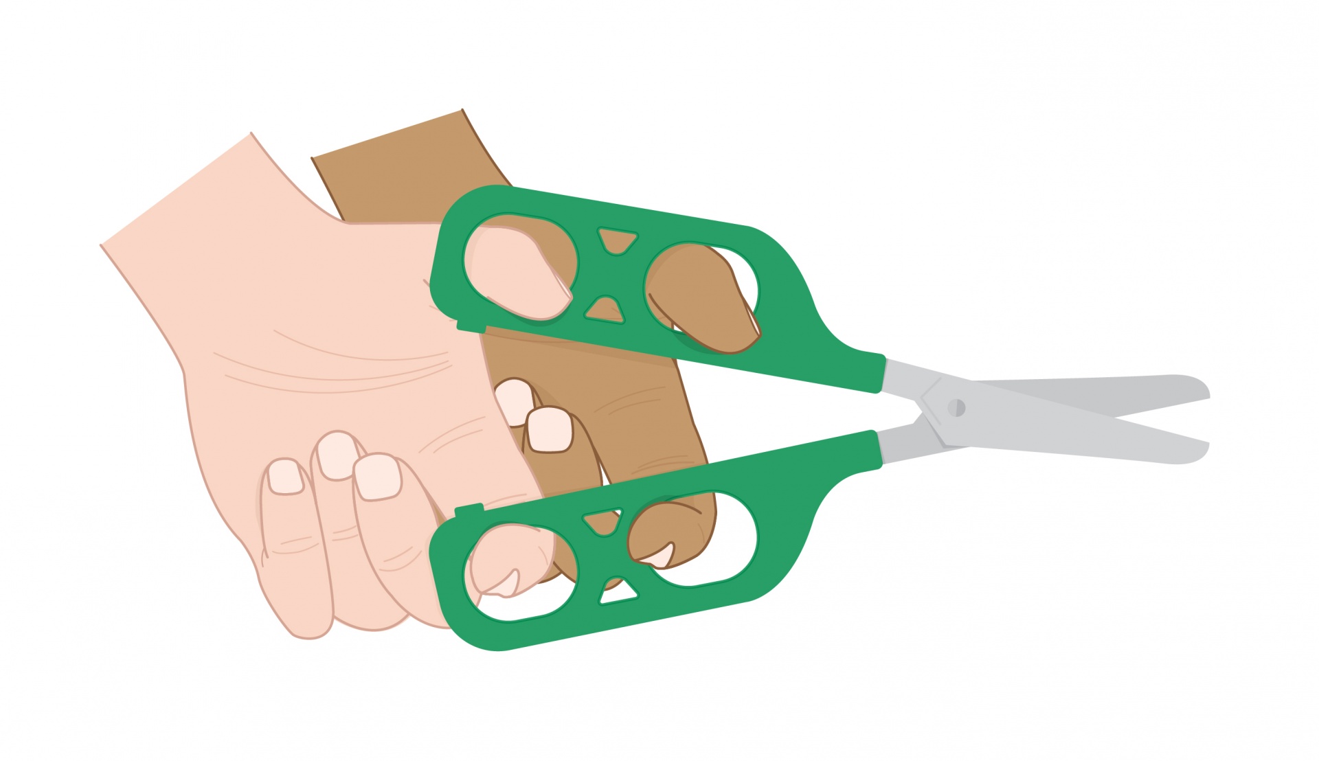 Mão segurando uma tesoura verde a cortar papel castanho