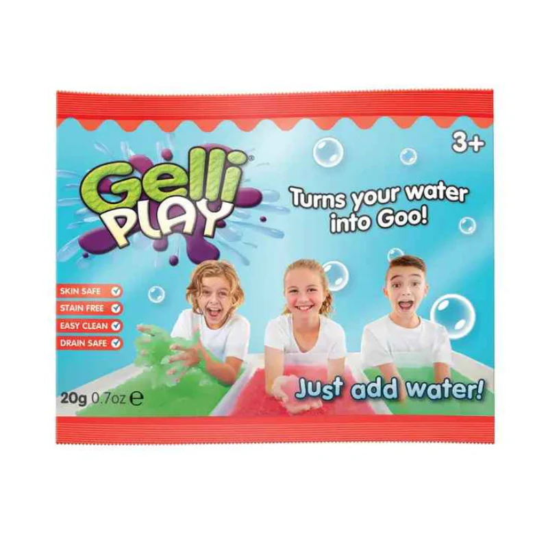 Gelli Play - Gelatina para exploração sensorial Pacote de Gelli Play com crianças segurando líquido colorido e texto explicativo