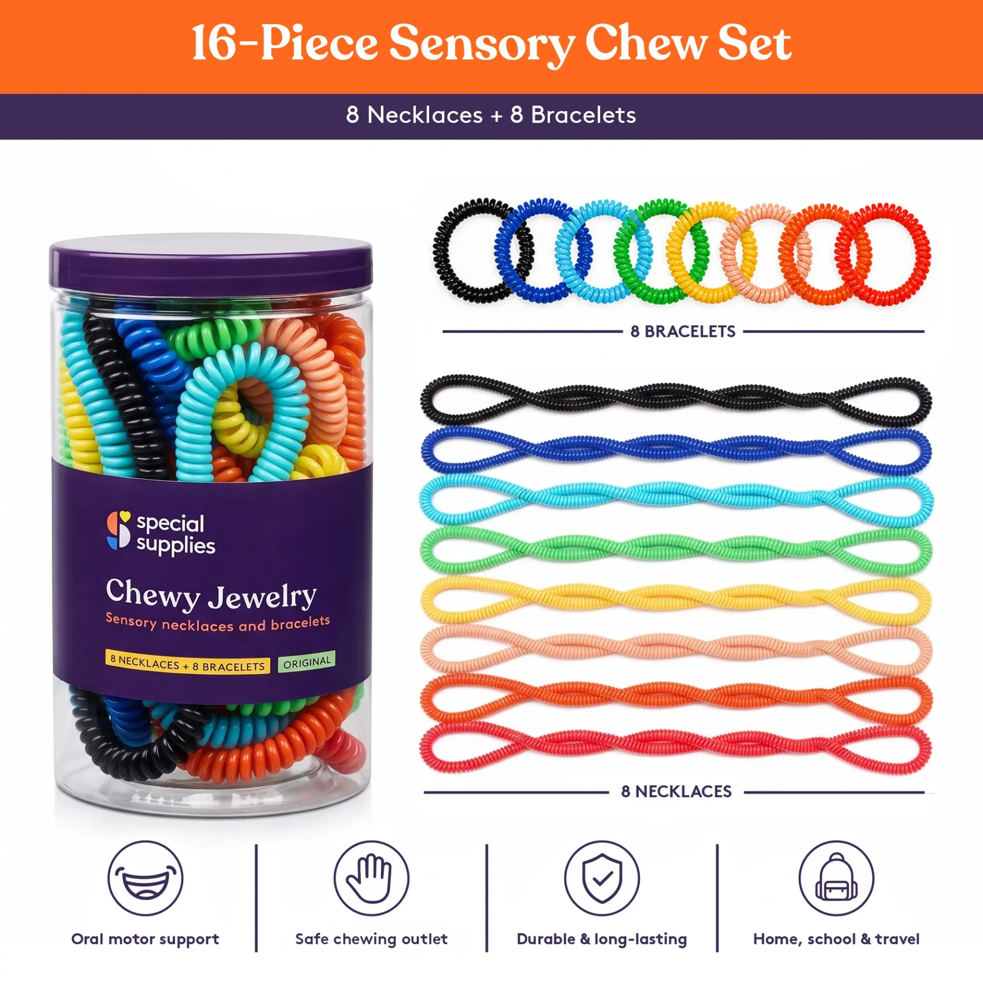 Pack 16 Mordedores fidget, pulseiras e colares Special Suplies Conjunto de 16 peças sensoriais para mastigar com colares e pulseiras coloridas