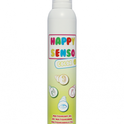 Frasco de mousse branco com etiqueta colorida Happy Senso e ícones sensoriais