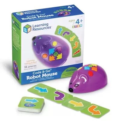 Jogo educativo Code & Go Robot Mouse com rato robô roxo e cartas de programação