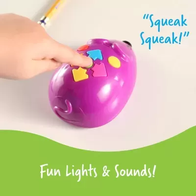 Brinquedo infantil roxo com botões coloridos e texto promocional