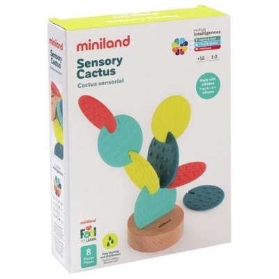 Caixa de brinquedo Sensory Cactus miniland com peças coloridas em base de madeira