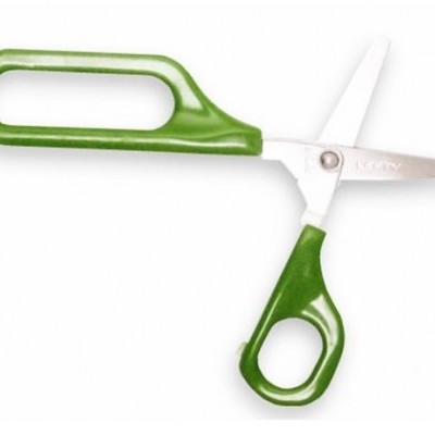 Tesoura com cabo verde e lâminas metálicas