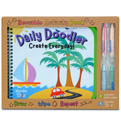 Livro de atividades reutilizável Daily Doodler com capa colorida e canetas apagáveis numa embalagem de cartão