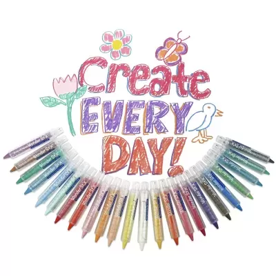Tubos de glitter coloridos formam um arco com texto 'Create EVERY DAY!' em cima e desenhos coloridos