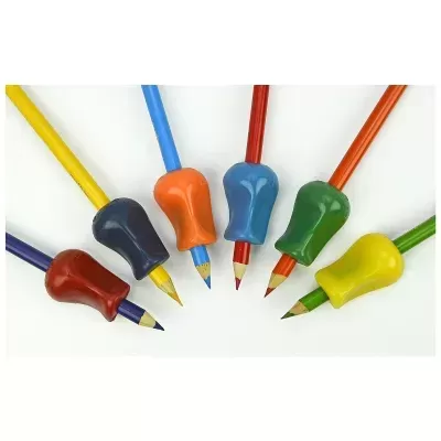 Seis lápis de cor com apontadores de borracha coloridos em leque