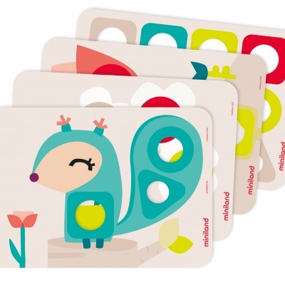 Conjunto de painéis de corte coloridos com ilustrações de esquilo e formas geométricas