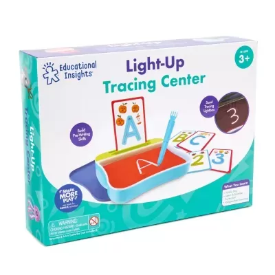 Caixa do produto Light-Up Tracing Center com letras e números para crianças a partir de 3 anos