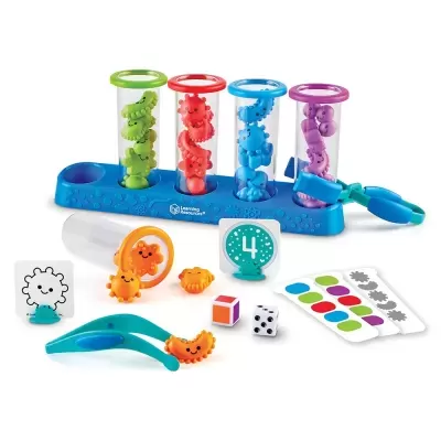Kit de brinquedos educativos com tubos coloridos e acessórios lúdicos em azul, verde, vermelho, roxo e laranja