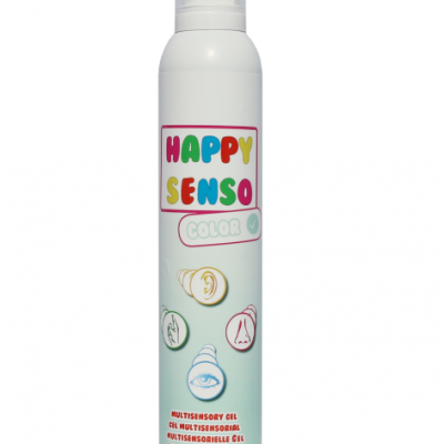 Frasco branco de gel multissensorial Happy Senso Color com imagens de orelhas, nariz e boca
