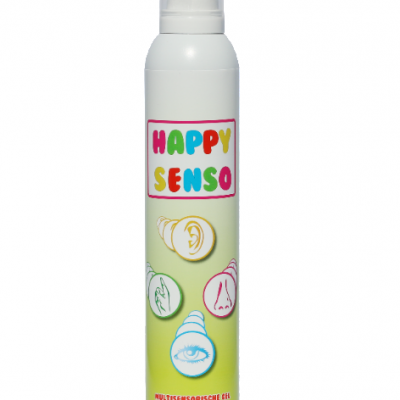 Frasco de gel HAPPY SENSO com desenhos de sentidos e texto em várias línguas