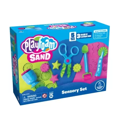 Conjunto sensorial Playfoam Sand com ferramentas e areia moldável em embalagem azul colorida