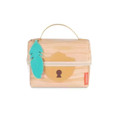 Bolsa infantil transparente com desenho de baú de madeira e pendente azul