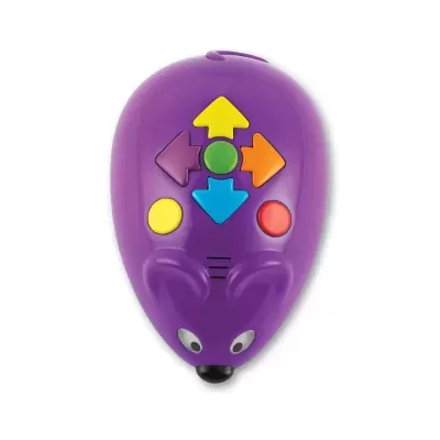 Rato de brinquedo roxo com setas coloridas e botões
