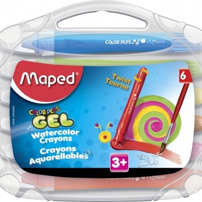 Estojo transparente com 6 giz-de-cera aquareláveis Maped Color'Peps Gel e rótulo colorido