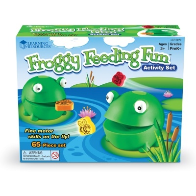 Conjunto de atividade Froggy Feeding Fun com 65 peças para crianças, caixa azul, verde e branca