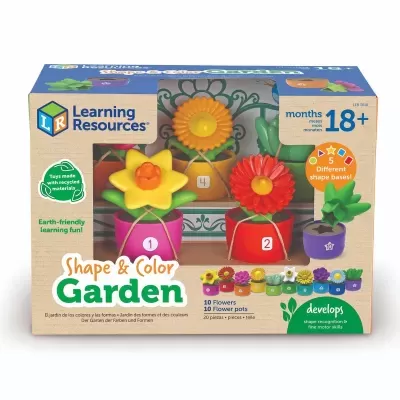 Brinquedos de flores coloridas em vasos com formas e cores diversas, embalados em caixa de papelão da Learning Resources.