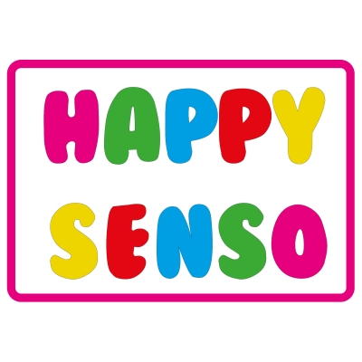 Logotipo colorido com as palavras HAPPY SENSO em várias cores dentro de um retângulo cor-de-rosa