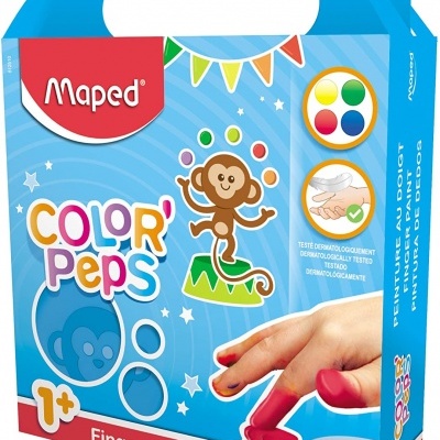 Embalagem azul de tinta de dedos Maped Color Peps com ilustração de macaco e texto em várias línguas