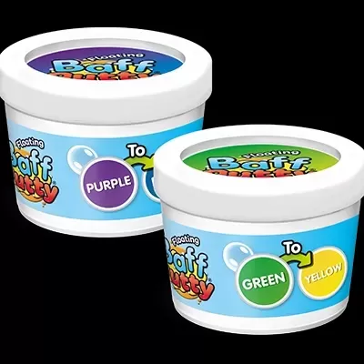 Dois potes de putty colorido com etiquetas azul claro